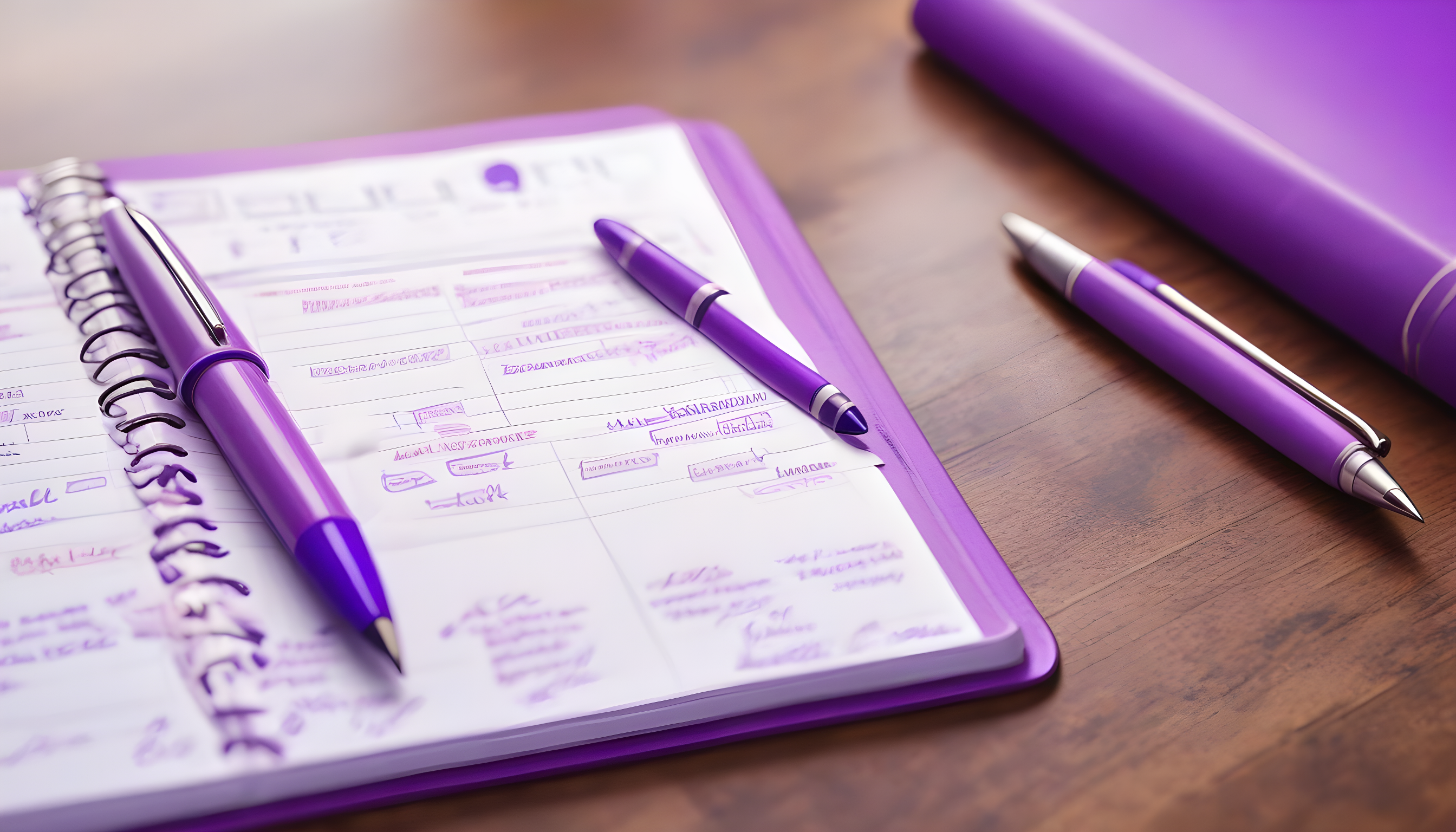 a purple planner and two pens